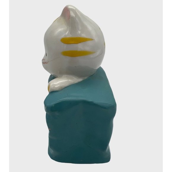 Ceramic Kitty Cat in a Shopping Bag Bank Blue, White & Yellow 4.5" Tall - Picture 4 of 6